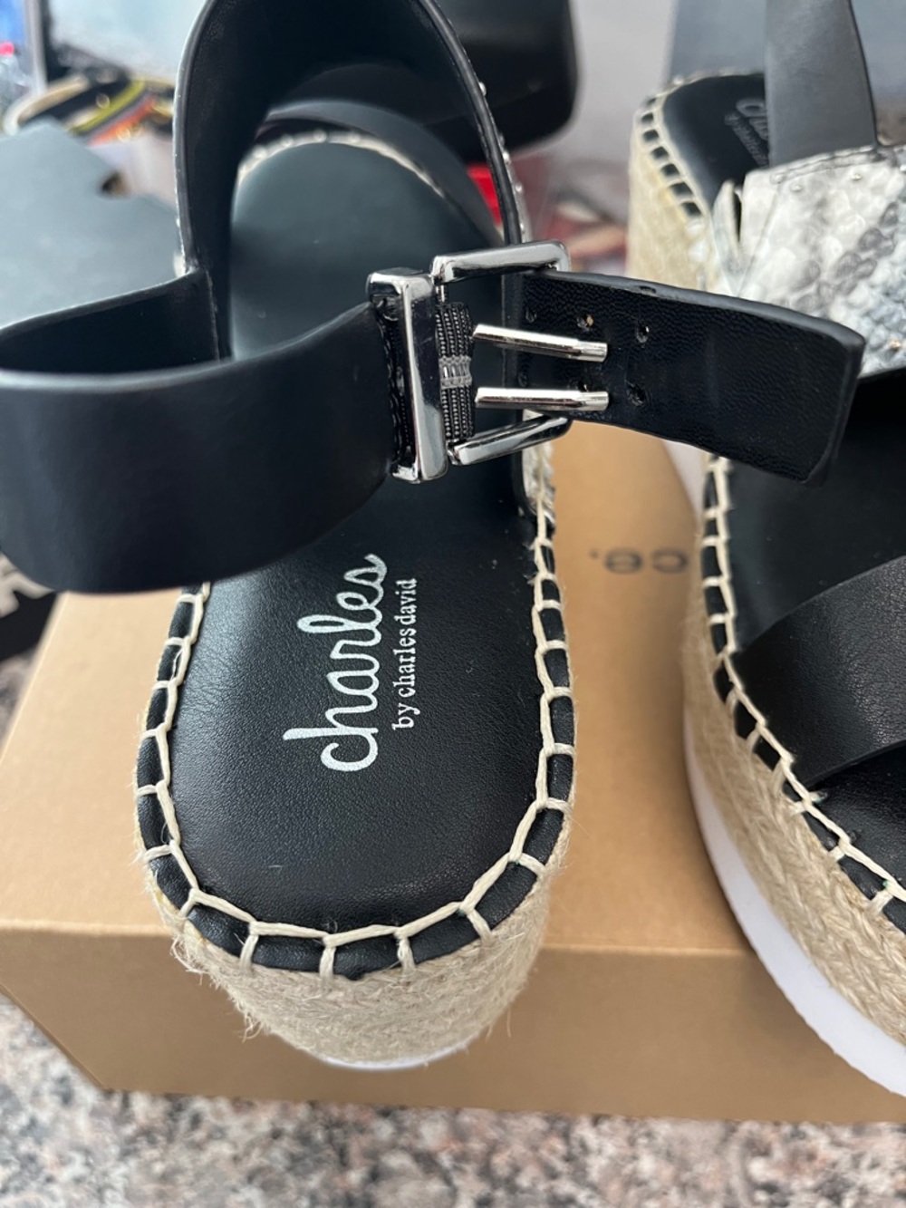 Charles By Charles David Black & Gray Snake Espadrille Platform Sandals - Picture 2 of 4